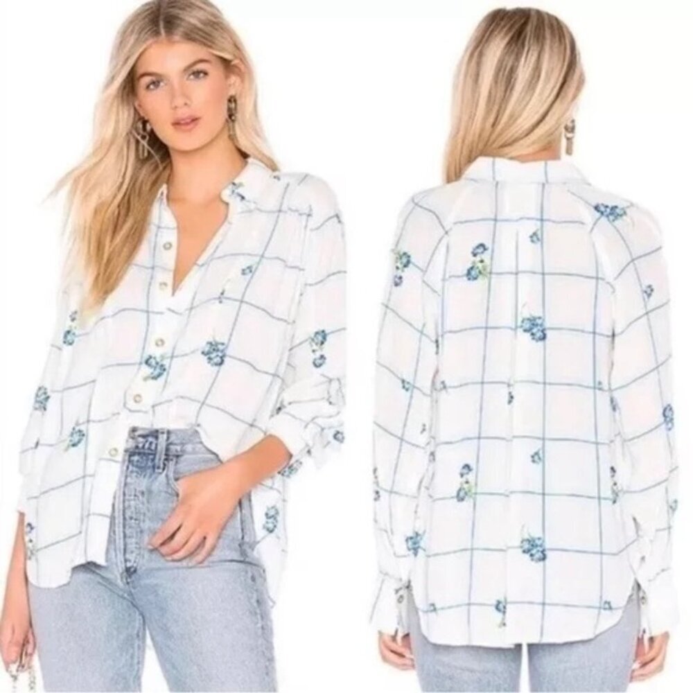 NWT FREE PEOPLE Window To My Heart Lattice Floral Button Down Top Shirt SMALL /P